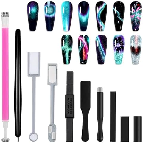 Allstarry 10pcs Nail Magnet Tool Set, Double-head Strong Suction Nail Magnet Stick Cat Eye Flower Design Nail Magnets Pen Plate Wand Board for 9D Strip Galaxy Magnetic Cat Eye Gel Nail Polish Nail Art Cover