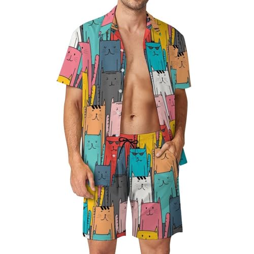 Chemise Hawaïenne Hommes Chats Colorés Ensemble Été 2 Pièces