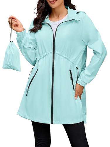PITINAN Rain Jackets For Women Lightweight Windbreaker Jacket Womens Hooded Packable Raincoat Waterproof Light Rain Jacket Women With Zipper Pockets For Travel Light Blue L