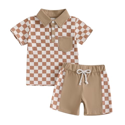 Karuedoo Toddler Baby Boy Summer Outfits Checkered Button Down Short Sleeve Pocket Collared Shirt and Shorts 2Pcs Clothes Set