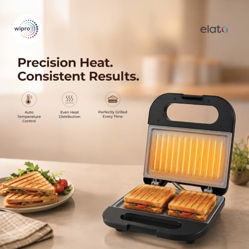 Image of Wipro Elato BS103 Luxe 800W Grill Sandwich Maker|Ceramic Coated Plates|BPA Free|PTFE, PFAS & PFOA Free|Auto Temperature Control|Cool Touch Handle|Fits 2 Regular Bread Slices|2 Year Warranty