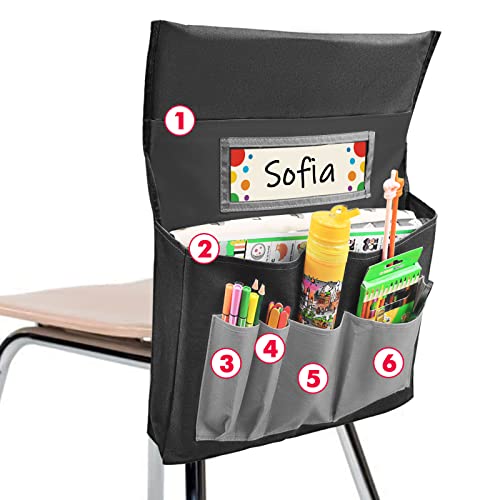 Auvcas Black Chair Back Pocket School Seat Chair Storage Pocket Organizer With Label Slot Multiple Pockets For School Home Classroom Preschool Daycare #TOP1
