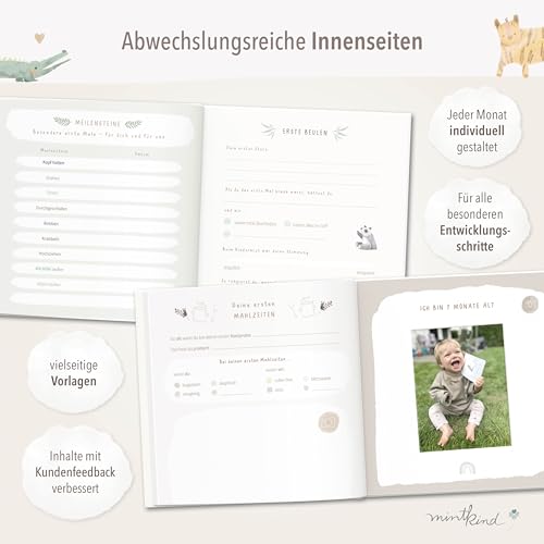 mintkind® Babyalbum Mein erstes Lebensjahr Salbei + Sticker Set | Baby Fotoalbum zum Selbstgestalten | Baby Geschenk für Mädchen und Junge | Babybuch zum Eintragen | Baby-Tagebuch ab 0 Monate