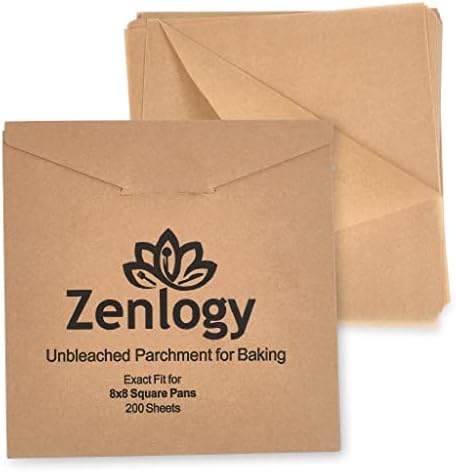 Zenlogy 8x8 Parchment Squares (200 sheets) - Unbleached, Non-stick, Pre-cut Parchment Paper - Fits 8x8 Brownie Square Pans and Toaster Oven Trays, and Air Fryer - Great for Wraps, Baking, Roasting