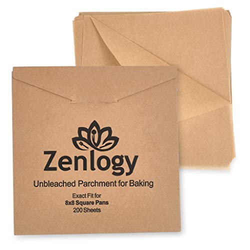 Zenlogy 8X8 Parchment Squares (200 Sheets) - Unbleached, Non-Stick, Pre-Cut Parchment Paper - Fits 8X8 Brownie Square Pans And Toaster Oven Trays, And Air Fryer - Great For Wraps, Baking, Roasting #TOP4