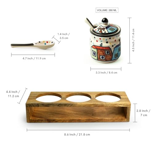 Image of ExclusiveLane 'Hut Handpainted' Ceramic Pickle Jars for Dining Table with Spoon & Wooden Holder (Set of 3, 280 ML)|Ceramic Jars for Kitchen Storage Pickle Holder Pickle Jars for Storage Aachar Jar Set