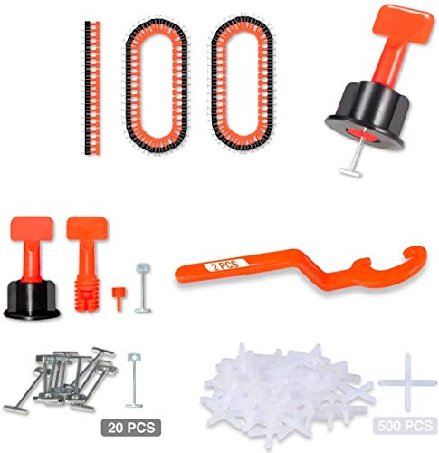 Tile Leveling System 1/16" Kit Reusable, 100pcs Tile Leveler Spacer with 500pcs 1/12" Tile Spacers, 2pcs Wrench and 20pcs 1/16" Replaceable Spare Steel Pin (100)
