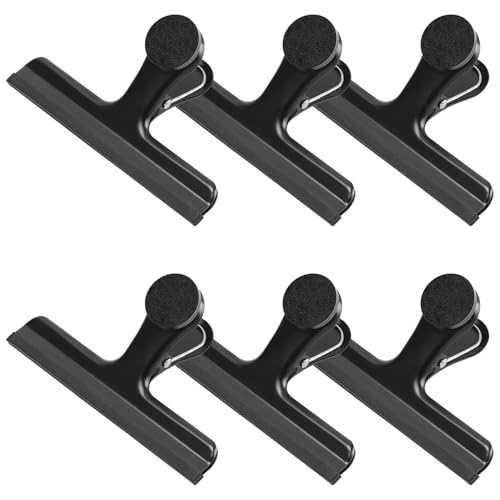 Image of HOUSE AGAIN Large Chip Clips Bag Clips, 6 Pack Strong Magnetic Bag Clip Silicone-Covered Edges No Scratch Airtight Seal, Stainless Steel Heavy Duty Food Clip for Fridge Kitchen Food Storage, Black