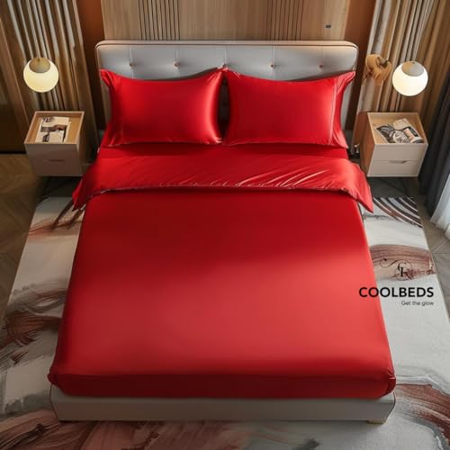 Image of COOLBEDS Satin Elastic Fitted Sheet & 2 Pillow Covers (King, Red)