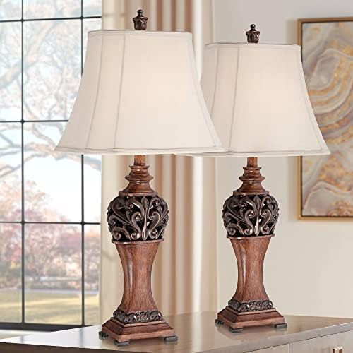 Regency Hill Exeter Traditional Style Table Lamps 30" Tall Full Size Set of 2 Bronze Wood Carved Leaf Creme Rectangular Bell Shade Decor for Living Room Bedroom House Bedside Nightstand Office