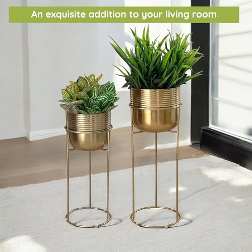 Image of Decorative Ribbed Gold Planters with Stands for Indoor Plants | Electroplated Gold Metal Planters for Living Room Bedroom Balcony Home and Office | Set of 2