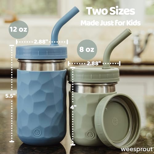 WeeSprout 2-in-1 Drinking Cups for Kids, Durable Stainless Steel Tumbler for Smoothies, Silicone Straws with Stoppers, Premium Plastic Twist Lids, Easy-Grip Sleeves, Set of 4 Dishwasher Safe Kid Cups - Thumbnail 2
