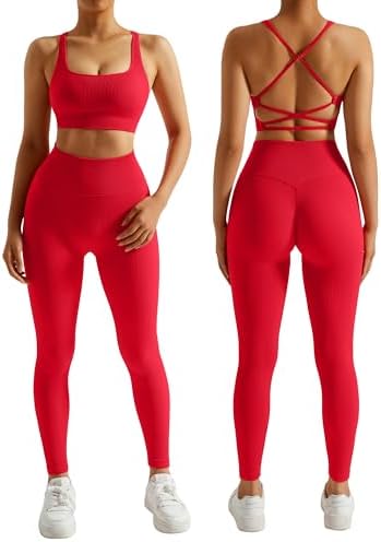 RXRXCOCO Ribbed Workout Sets for Women 2 Piece Backless Strappy S...
