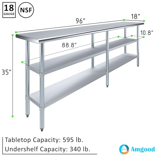 Image of AmGood Stainless Steel Work Table with 2 Shelves | NSF | Metal Utility Table (96 inch Long x 18 inch Deep)