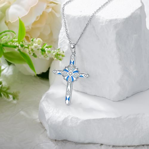 Lab Grown Diamond Cross Necklace, 925 Sterling Silver Moissanite/Opal Cross Pendant Necklace Gift for Women, Fine Jewelry for Valentine's Day, Birthday Anniversary Christmas，with 18+2inches Chain3