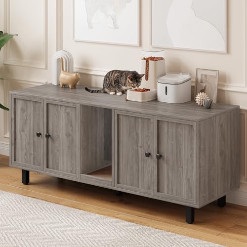 Image of ONBRILL 59 Inches Cat Litter Box Enclosure for 2 Cats, Hidden Litter Boxes Furniture with Cat Scratch Pad, Large Indoor Pet House with Double Room, Wooden TV Stand Side Table, Grey