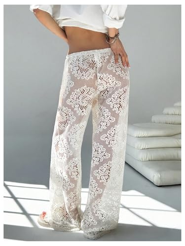 OYOANGLE Women's Floral Lace Sheer Beach Trousers Drawstring Waist See Through Crochet Pants3