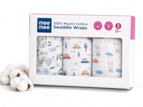 Image of Mee Mee 100% Muslin Cotton Swaddle Wrapper Set (Pack of 3) | Soft, Quick-Drying & Highly Absorbent Baby Blanket Towel | Printed Mulmul Cloth for Newborn Essentials (Multicolour, 100 x 100 cm)