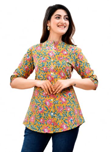 Image of Women's Rayon Floral Printed Short Kurti | Regular Fit | Mandarin Collar | Casual Wear for Office, College