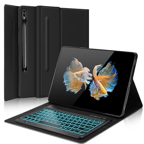 Image of Galaxy Tab S10 Ultra /S9 Ultra /S8 Ultra Keyboard Case 14.6 inch, 7-Color Backlit, Smart Magnetic Detachable Wireless Bluetooth Keyboard, Slim Protective Folio Case with S Pen Holder, Auto Sleep /Wake