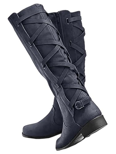 Syktkmx Womens Strappy Motorcycle Knee High Boots Winter Lace Up Riding Flat Low Heel Shoes, Navy, Size 7