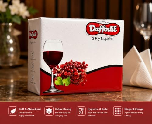Image of DAFFODIL 2 Ply Tissue Paper Napkins | 50 Soft & Absorbent Disposable Serviettes | 33 x 33 cm Paper Napkins for Dining Table, Parties, Home, Office & Restaurant Use
