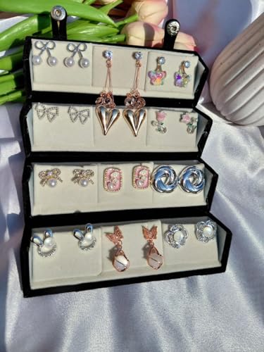 Image of 12 Pair Korean Designer Stud Earrings Box Set - Random Mix of Heart, Bow, Pearl & Floral Designs | Trendy Earrings Collection for Girls & Women