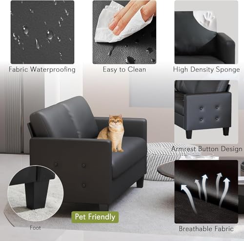Image of STHOUYN 59 inch Black Faux Leather Sofa Couch, Small 2 Seater Loveseat | STHOUYN, Modern, Comfy, Tufted Armrest, USB Charger, Living Room, Apartment, Bedroom