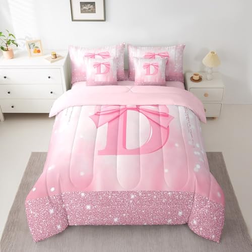 Image of Feelyou Kids Pink Bowknot 7 Pieces Bedding Set Queen Size, Personalized Initial D Bed in A Bag Princess Glitter Comforter Set with Sheets Boys Girls Bow Alphabet Teens Bed Set Bedroom Decor 7Pcs