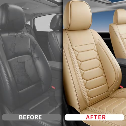 Image of Fit Yukon Car Seat Covers (Only Front 2 Seats) Compatible with GMC Yukon 2007-2024 2025 2026-Full Coverage Breathable Leather, Airbag Compatible, Waterproof & All-Weather, Beige