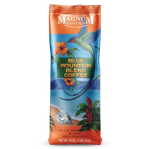 Magnum Exotics Coffee, Blue Mountain Blend - Light-Medium Roast, Whole Bean, Made from 100% Arabica Beans, Rich & Smooth Flavor, Fresh Roast - Blue Mountain Blend, 1 Lb (Pack of 1)