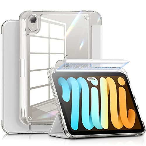 INFILAND for iPad mini 7 case, iPad mini 7th (A17 Pro) /6th Generation Case 8.3 inch 2024/2021, Clear Back & PU Leather Protective Cover with Pencil Holder Support Wireless Charging, Silver