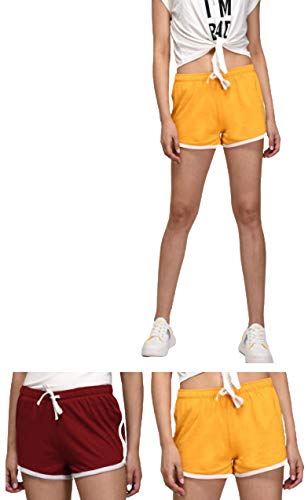 Image of KOTTY Cotton Lycra Maroon and Yellow Solid Women Night Short - Pack of 2 (Maroon Yellow)