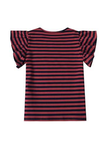 Image of Girls Striped Shirt Flutter Sleeve Top Crewneck Cute Summer T Shirts Casual Tees Red Blue 9-10 Years