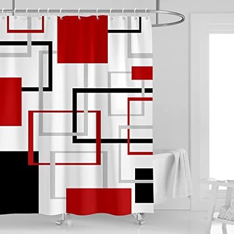 Kikiry Red Black Shower Curtain 60''W x 72''L Abstract White Grey Gray Geometric Cross Checkered Modern Geometry Minimalist Neutral Design Polyester Waterproof 12 Pack Plastic Hooks Cover