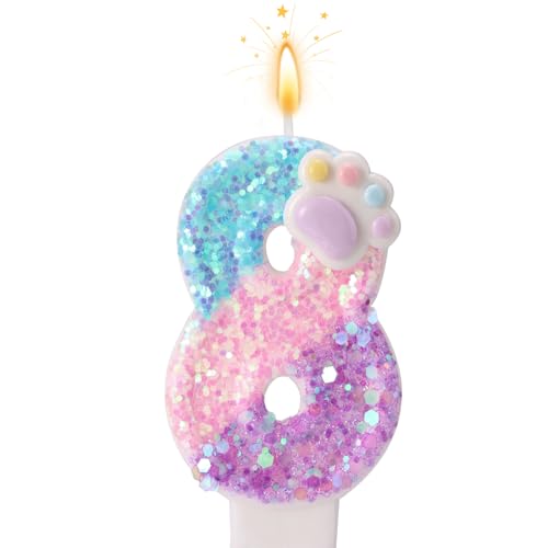 Dog and Cat Paw Number Candle for Cake, Cartoon Birthday Candle Kitten Dog Themed Number Cake Topper with Base & Supporting Stick for Puppy Kitten Lovers Party Decoration Supplies (8)