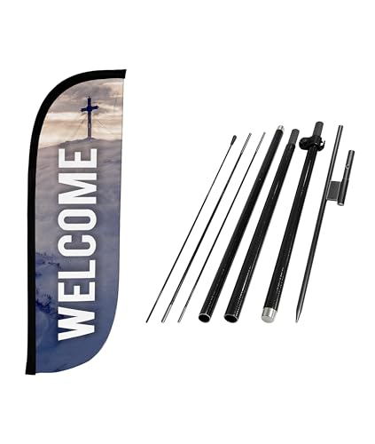 Image of LookOurWay Feather Flag Pole Kit - 7 Feet Tall Advertising Banner with Fiberglass Pole Set and Ground Spike for Business Promotion - Church Flags - Welcome
