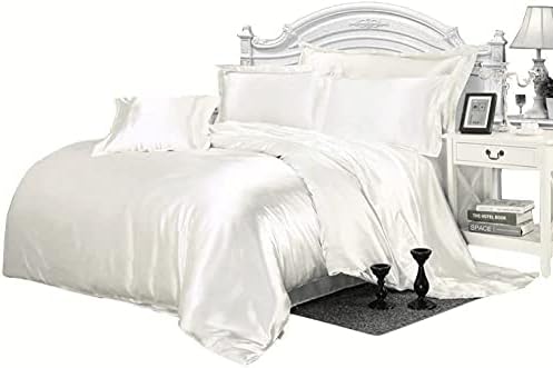 RU Bedding Alaska King Comforter Set - 5 Piece Satin Alaska King Size Comforter Set (Comforter + Flat + Fitted 21'' + 2 Pillowcases) 600 GSM White Comforter Satin Comforter Set with Sheets
