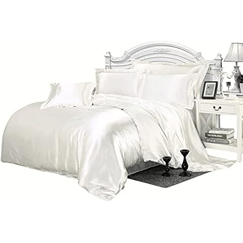 Safhome Satin 7 Piece - White 100% Pure Satin Silk Comforter Set Twin XL Size 500 GSM Bed in a Bag (Satin Comforter, Satin Flat Sheet,Satin Fitted Sheet 19" Deep + 4 Satin Pillowcases) Cover