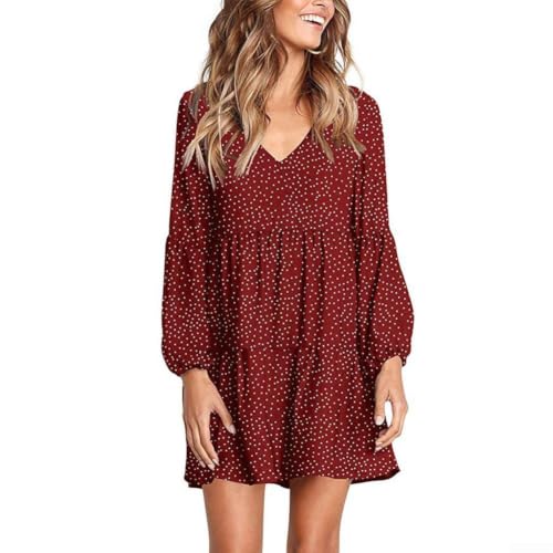 Dolvitrny Vestido de lunares para mujer, vestido de verano de manga larga, ajuste holgado, casual, dobladillo con volantes, vacaciones, playa, vacaciones, talla grande, elástico (rojo L)