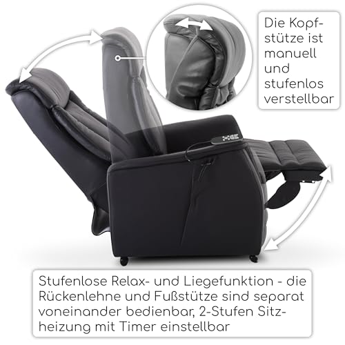 Raburg Fernsehsessel mit Aufstehhilfe & Liegefunktion, Relaxsessel mit Sitzheizung, 2 Motoren separat verstellbar, Fernbedienung, Taschenfederkern, Leder/Kunstleder – Schwarz | EOS 2 – Bild 7