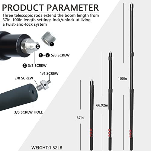 Portable Handheld Boom Pole For Shotgun Mic, 3-Section Extendable Microphone Arm For Filming With 3/8" And 5/8" Threads, 3Ft To 8.3Ft Adjustable Length #TOP1