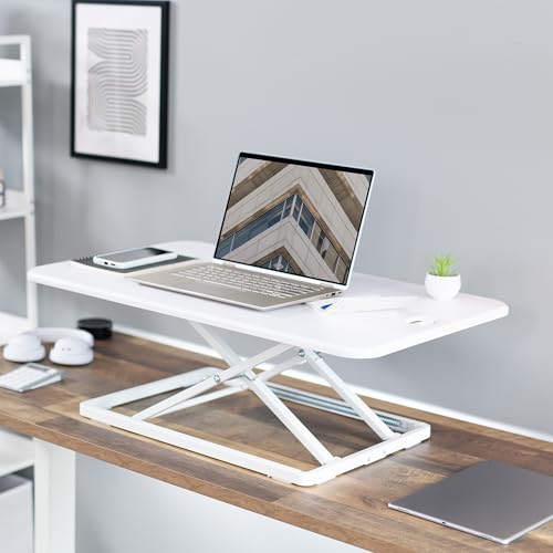 Image of VIVO Ultra-Slim 32 Inch Single Top Height Adjustable Standing Desk Riser, Compact Sit Stand Desktop Converter for Monitor or Laptop, White, DESK-V032JW