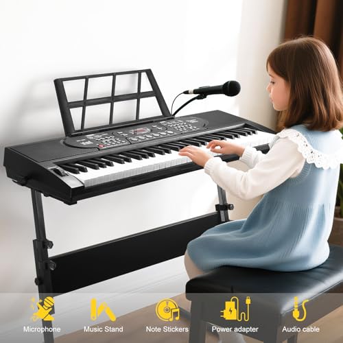 Image of 61 Key Keyboard Piano with Stand, Portable Electric Piano Keyboard Kit for Beginners with Stand, Microphone,Note Stickers, Music Rest, Digital Music Keyboard Built-In Speakers