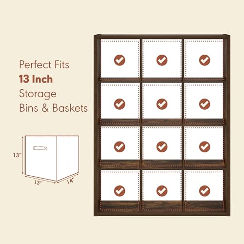 Image of Furinno Cubicle Record Player Stand, 12-Cube Record Storage, Amber Pine | Vinyl Storage, 1.2 inchInch Extra Thick, Open Back Media Shelf for CD DVD Bluray Game Disc, for Living Room, Home Office