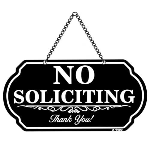 Image of No Soliciting Sign for Front Door, 10 x 5 Inch Aluminum No Soliciting Hanging Sign, Weatherproof Outdoor No Solicitors Sign with Chain, UV Printed Rust-Free Sign for Home, Office, Porch, Yard