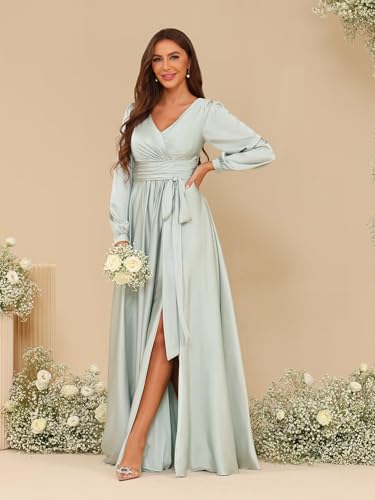 YOFF Long Sleeve Bridesmaid Dresses for Women 2025 V Neck Satin Formal Dresses Evening Gown with Slit YO1844