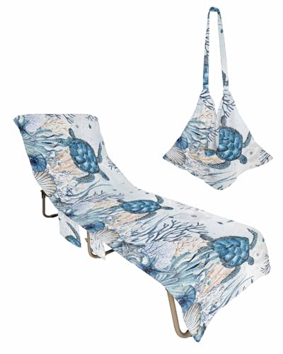 Coastal Nautical Turtle Beach Chair Cover with Side Pockets,Microfiber & Quick Dry Pool Chaise Lounge Chair Towels Covers for Sun Sunbathing Patio Garden Hotel,Blue Ocean Fish Seashell Coral Starfish