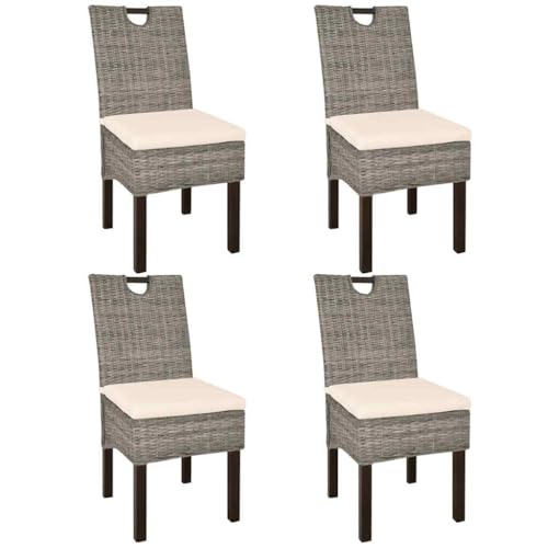 Qnhdfrt Esszimmerstühle 4 STK. Kubu-Rattan Mangoholz Set mit weißen...