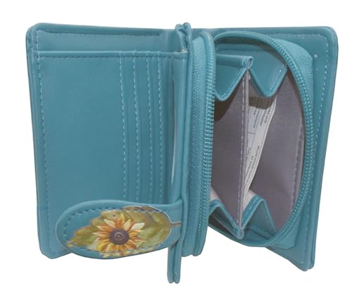 Shag Wear Garden Goat Small Wallet for Women and Teen Girls Whimsical Goat and Sunflower Design Vegan Leather Bifold with Card Slots and Coin Pocket Teal 4.5"2